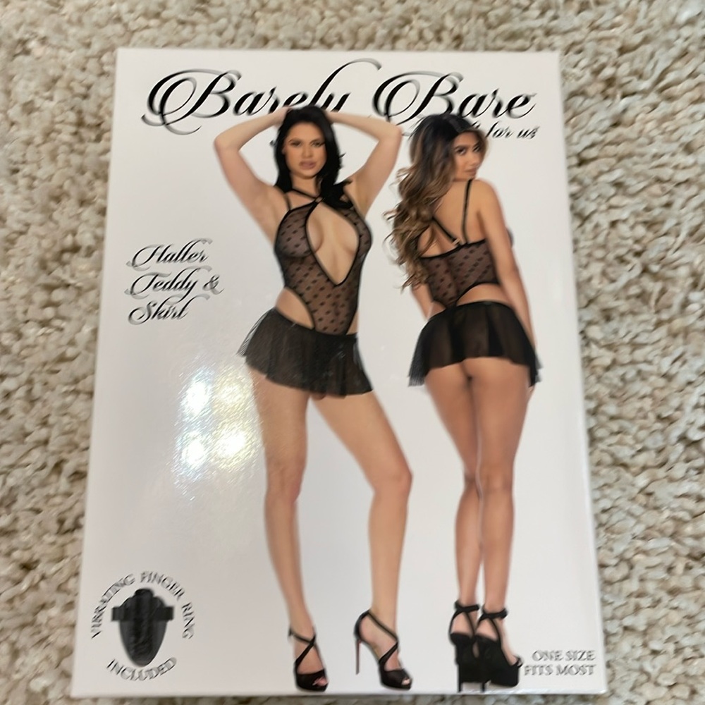 New barely bare lingerie halter teddy and skirt black one size sheer skirt